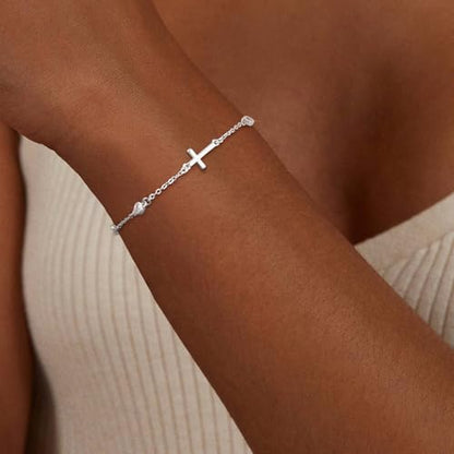Bracelets for Women, Dainty Gold Silver Ring Bracelet Hand Chain | Cubic Zirconia Pearl Charms, 14K Gold Plated, Adjustable Fit, Trendy Stackable Link Chain, Waterproof Jewelry, Gift for Her - color: Silver-cross cz bracelet