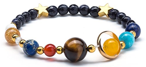 Fesciory Solar System Bracelet for Women, Universe Galaxy Beaded Jewelry | Natural Stone Beads, Universe Galaxy Design, Guardian Star Charm, Adjustable Fit, Birthday & Astronomy Planet Gifts for Loves - color: Blue Sandstone(Stretch)