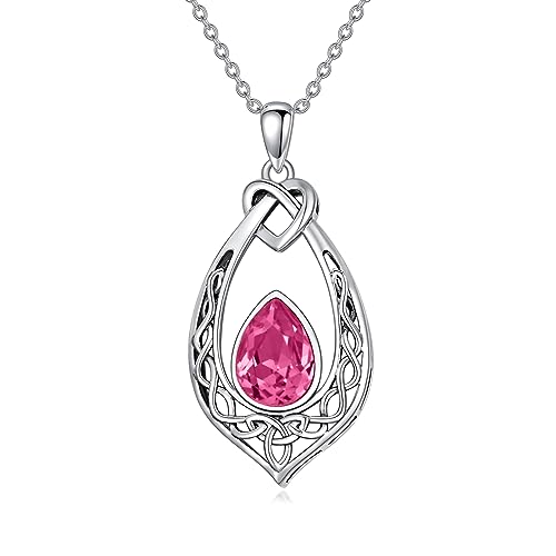 AOBOCO Celtic Knot Necklace 925 Sterling Silver Oxidized Vintage Love Knot Pendant Necklace with Simulated Birthstone Crystal, Birthday Christmas Jewellery Gifts for Women - color: Pink