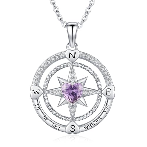 Compass Birthstone Necklace for Women S925 Sterling Silver with Cubic Zirconia - Birthday Jewelry gift for her, Girlfriend, Wife, Mom on Birthday, Anniversary - color: 02 - Amethyst
