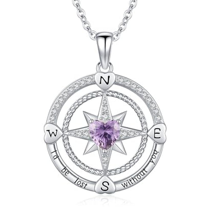 Compass Birthstone Necklace for Women S925 Sterling Silver with Cubic Zirconia - Birthday Jewelry gift for her, Girlfriend, Wife, Mom on Birthday, Anniversary - color: 02 - Amethyst