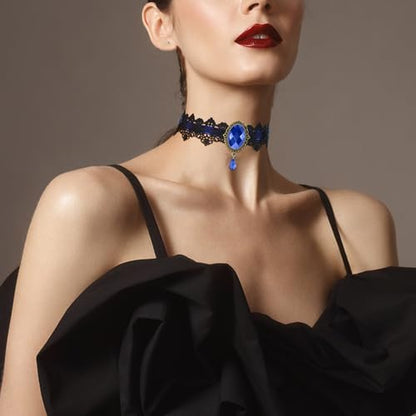 AILUOR Punk Rock Wedding Party Handmade Black Lace Choker, Gothic Retro Lolita Beads Chain Vampire Pendant Necklace for Women Halloween - color: Blue