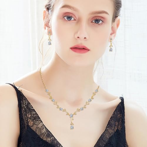 Jewelry Set for Women, Necklace Dangle Earrings Bracelet Set with White AAA Cubic Zirconia, Allergy Free Wedding Party Jewelry for Bridal Bridesmaid - color: Necklace+Braclelet+Earrings-Gold plated style
