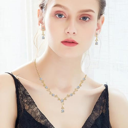 Jewelry Set for Women, Necklace Dangle Earrings Bracelet Set with White AAA Cubic Zirconia, Allergy Free Wedding Party Jewelry for Bridal Bridesmaid - color: Necklace+Braclelet+Earrings-Gold plated style