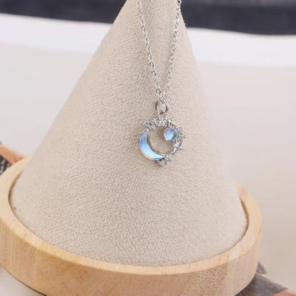 Silver Moon and Star Necklace for Women,Dainty CZ Crescent Pendant, Jewelry Gift for Birthday, Anniversary, Mother’s Day