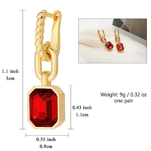 Birthstone Crystal Dangle Drop Earrings, 18K Gold Plated Huggie HoopEarring | Hypoallergenic Earring Jewelry Gifts for Women, Birthdays, anniversaries, weddings - color: Red-1