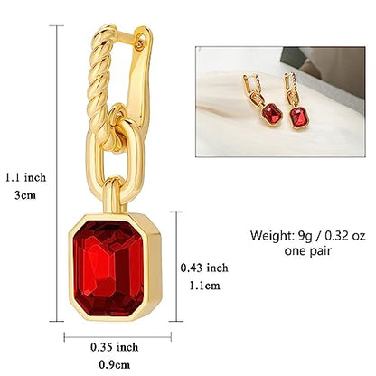 Birthstone Crystal Dangle Drop Earrings, 18K Gold Plated Huggie HoopEarring | Hypoallergenic Earring Jewelry Gifts for Women, Birthdays, anniversaries, weddings - color: Red-1