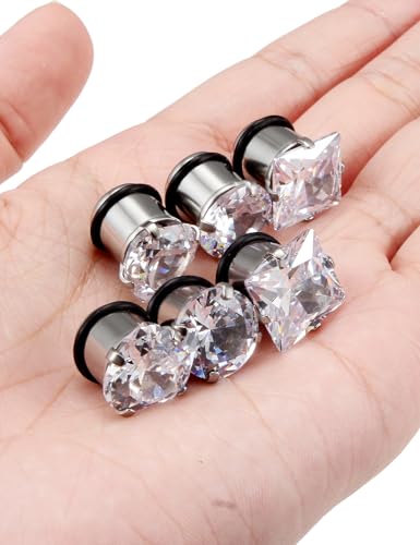 Jenxnjsjo 14g to 7/8in Ear Gauges Plugs Tunnels Taper Earrings Stretching Expander Kit Set for Women Men - color: 061: Cubic Zirconia, Clear, 3Pairs, size: 00g (10mm)