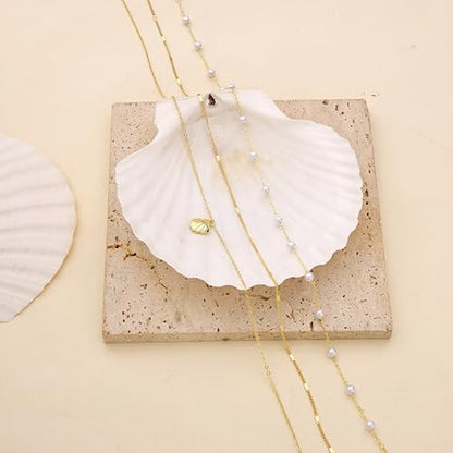 Shell Starfish Charm for Women, Dainty Layered 14K Gold Plated Seashell Conch Starfish Pearl Pendant Necklace for Women Stack Trendy Beach Cuban Link CZ Chain Necklace Summer Vacation Jewelry - color: 3PCS / Shell & Link & Pearl Chain