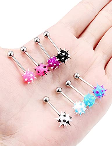 Prjndjw 14G Silicone Soft Spike Ball Tongue Rings Surgical Steel Tongue Rings Koosh Spiky Body Piercing Jewelry 8Pcs 16MM