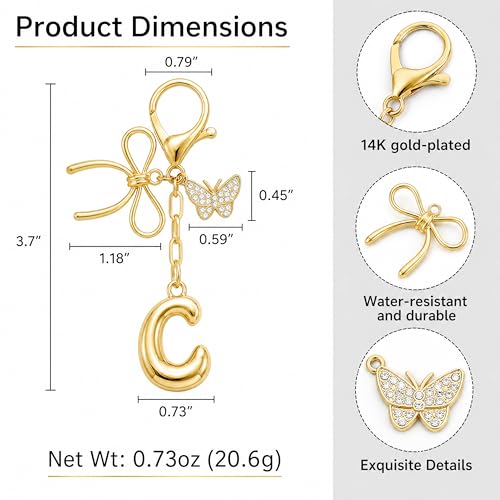 Gold Bubble Heart, Cherry, Bow & More Designs Letter Initial Keychain Bag Charms – Cute Purse Charms for Handbags - color: Bow & Butterfly, style: C