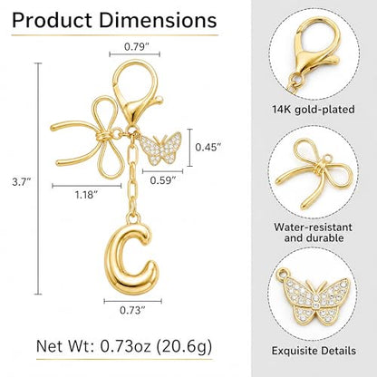 Gold Bubble Heart, Cherry, Bow & More Designs Letter Initial Keychain Bag Charms – Cute Purse Charms for Handbags - color: Bow & Butterfly, style: C