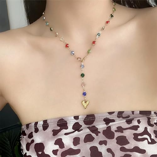 Long Heart Pendant Necklace Colorful Rhinestone Y Necklace Heart Lariat Jewelry Multicolor Party Outfit Accessory - color: A3:lariat necklace