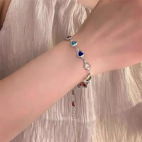 Silver Plated Colorful Heart Charm Bracelet For Women Adjustable Chain Bracelet Multi-Color Cubic Hearts Bracelets Trendy Charm Jewelry For Friend Valentine’S Day Birthday Festival Gifts
