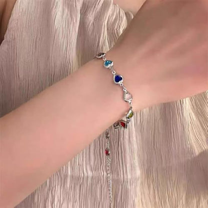 Silver Plated Colorful Heart Charm Bracelet For Women Adjustable Chain Bracelet Multi-Color Cubic Hearts Bracelets Trendy Charm Jewelry For Friend Valentine’S Day Birthday Festival Gifts