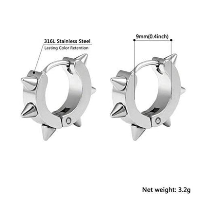PROSTEEL Stainless Steel Huggie Hoop Earrings for Mens Gold/Black/Silver | Skull/Infinity Pattern, Spike/Cuban Links 4 Design Options Hypoallergenic Lightweight Earring Hip Hop Punk Gothic Jewelry - style: Spike Hoop-Silver