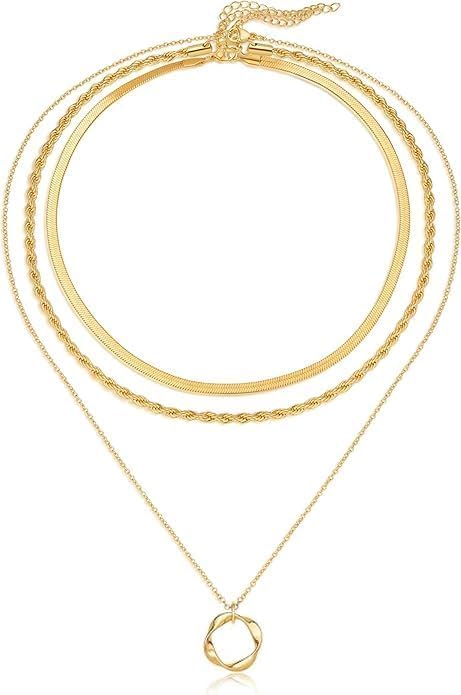Evabelle Gold Layered Necklace for Women Trendy Jewelry 14K Real Gold Plated Chunky Chain Stackable Necklaces Dainty Choker Necklaces Rectangle Square Pendant - color: Gold Necklace 03