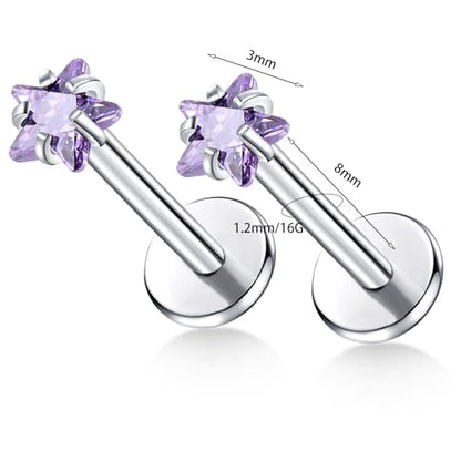BelezaDosas G23 Titanium Labret Studs Threadless 16G Lip Rook Lobe Tragus Helix Cartilage Push Back Earring Piercing Jewelry - style: 1pair Star Purple