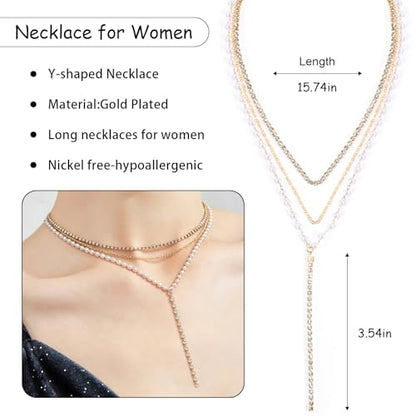 Necklace for Women, Dainty Long 14K Gold Y-Shaped Necklace Jewelry Trendy Beaded Layered Chain Drop Necklaces Jewelry Women Gifts - style: Multi-layered Pearl