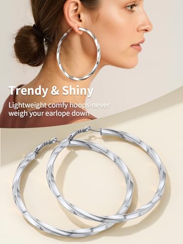FindChic Twisted Hoop Earrings for Women, Silver/Black/14K Gold Plated Hypoallergenic Hollow Tube Rounded Loop Earrings, 30mm/40mm/60mm/80mm Hoops with Custom Name Options and Gift Box - color: b.Silver, size: 80MM