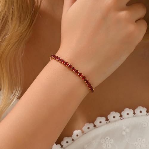 18K Gold Plated Tennis Bracelets for Women, Adjustable Cubic Zirconia Bracelet with Multi-color 4mm CZ Diamond Paperclip Chain, Dainty Trendy Birthday Bridal Jewelry Gifts for Women Daily Party Wear - color: Red