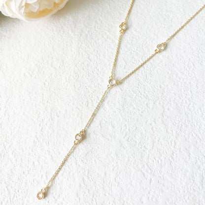 Zeffy Lariat Gold Necklace for Women, Dainty Long Necklace 14k Gold/Silver Plated Layered CZ Beaded Bar Chain Y-Shaped Body Chain Stack Drop Wedding Necklace Trendy Simple Gold Jewelry Gifts - color: Gold Five CZ Y Necklace(1PCS)