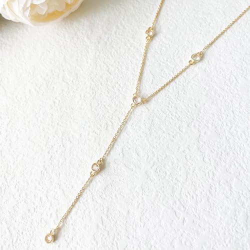 Zeffy Lariat Gold Necklace for Women, Dainty Long Necklace 14k Gold/Silver Plated Layered CZ Beaded Bar Chain Y-Shaped Body Chain Stack Drop Wedding Necklace Trendy Simple Gold Jewelry Gifts - color: Gold Five CZ Y Necklace(1PCS)