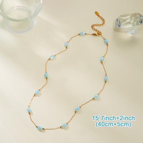 RINHOO Dainty Beaded Necklace for Women 18K Gold Plated Stainless Steel Colorful Blue Pink Choker Boho Choker Necklace Jewelry Gift for Women - color: Style 1-Blue