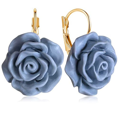 Handmade Bohemian Aesthetic Dainty Acrylic Flower Petal Leverback Earrings Sparkly 14K Gold Floral Dangle Drop Earrings for Women - color: Haze Blue