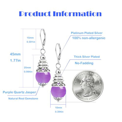 Natural 10mm Stone Beads Drop Earrings,Retro Silver Round Quartz Crystal Gemstone Beads Dangle Earrings for Women - color: A03_Purple Quartz Jasper