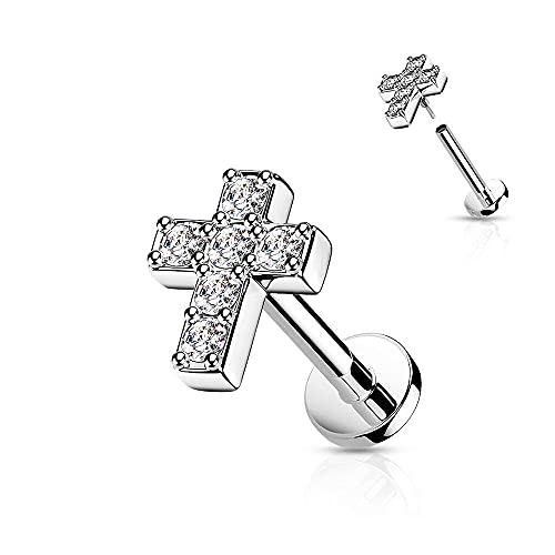Covet Jewelry 6 CZ Cross Top with Internally Threaded Surgical Steel Flat Back Studs with Extended Threading for Labret, Monroe, Cartilage and More - style: 16GA, L: 1/4" (6mm), Steel/Clear