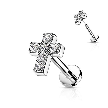 Covet Jewelry 6 CZ Cross Top with Internally Threaded Surgical Steel Flat Back Studs with Extended Threading for Labret, Monroe, Cartilage and More - style: 16GA, L: 5/16" (8mm), Steel/Clear