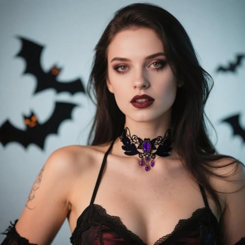 Goth Black Choker Necklace Crystal Bead Pendant Necklace for Women Gothic Velvet Lace Choker Halloween Vampire Witch Cosplay - color: A-Black and Purple