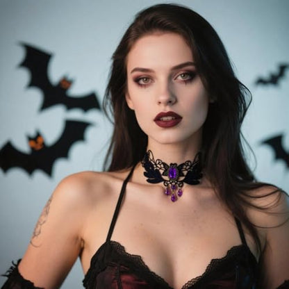 Goth Black Choker Necklace Crystal Bead Pendant Necklace for Women Gothic Velvet Lace Choker Halloween Vampire Witch Cosplay - color: A-Black and Purple