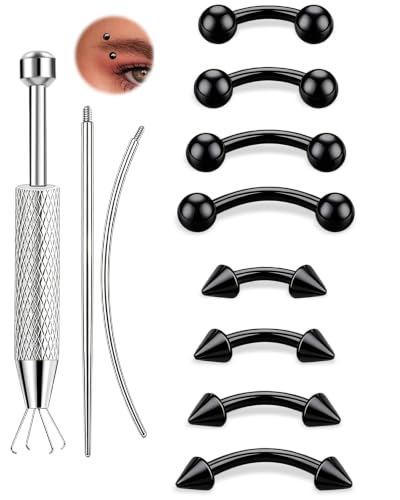 11Pcs Eyebrow Piercing Jewelry with Grabber Tool 14G/16G Stainless Steel Curved Barbell Eyebrow Jewelry Hypoallergenic Eyebrow Rings Rook Vertical Labret Navel Daith Lip Helix Conch Daith for Women Men 6mm/8mm/10mm/12mm - color: Black, size: 16G