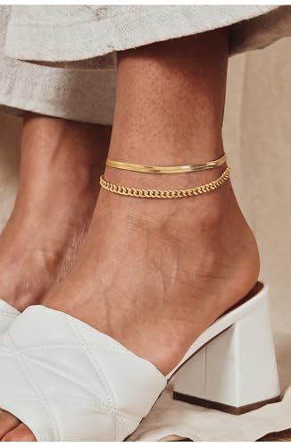 Robaice Adjustable Ankle Set for Women Waterproof, 14K Gold Plated | Layered Cuban, tennis, herringbone and clover chain styles, waterproof and non-tarnish for everyday wear or gifting - color: Cuban & Herringbone - Gold (2pcs)