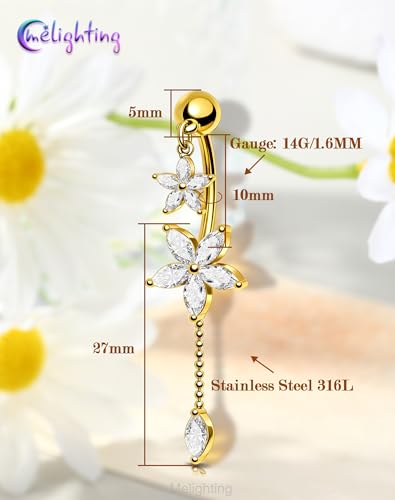 Melighting 14G Lotus Belly Button Ring Dangle Navel Ring Surgical Steel | 316L Reverse Belly Piercing Jewelry AAA Cubic Zircon, 10 mm Silver Gold Double Flower Barbell Bar Body Jewellery for Women - color: Gold Lotus
