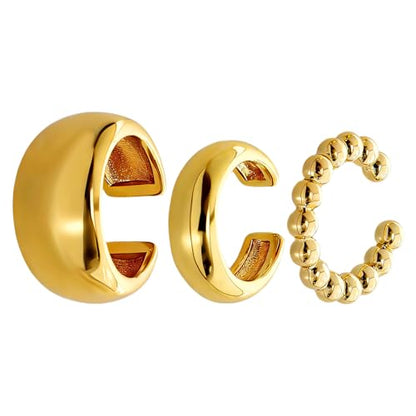 3 Pcs Ear Cuffs for Women Non Piercing Earrings Set 14K Gold/Silver Plated Ear Cuff for Non Pierced Ears Chunky Thin Clip On Earring Fake Earrings - color: Gold