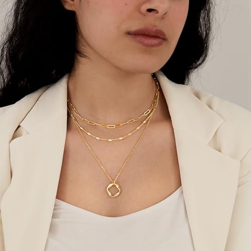 Poxtex Layered Gold Necklaces for Women, Stackable Dainty 14K Gold Silver Plated Trendy Simple Heart Diamond Cross Bow Circle Pendant Paperclip Choker Dot Chain Necklace,Jewelry Set Gifts for Women - color: Gold, style: Circle1