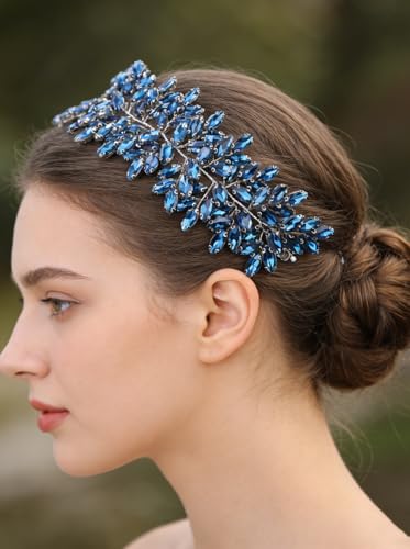 Missgrace Women Silver Green Black Red Blue Handmade Full Crystal Rhinestone Large Headband Hair Vine Shinny Headpiece Bridal Wedding Hair Accessories for Women (Lake blue) - color: Lake blue