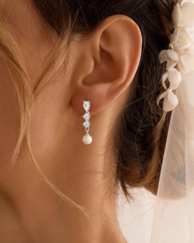 Pearl Earrings - 14K Gold/White Gold/Rose Gold Plated Cubic Zirconia CZ Diaomond Accented Pearl Drop Dangle Earrings for Women Wedding Bridal Prom - color: Silver 3pcs cz