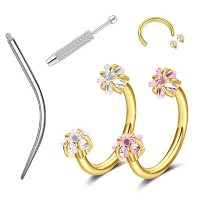 18G 20G Horseshoe Nose Rings Studs,Surgical Steel Nose Ring Pink Cubic Zirconia Nose Piercing,Internally Threaded Nose Rings For Women,Pink and Silver Zirconia - color: 18G-Gold-Star
