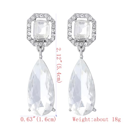 Gorgeous Long Austrian Crystal Teardrop Drop Dangle Clip On Earrings Non Pierced for Women - color: White,Silver
