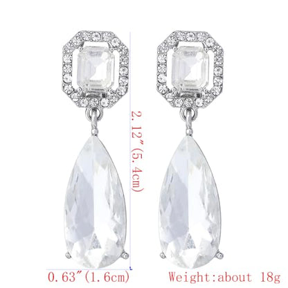 Gorgeous Long Austrian Crystal Teardrop Drop Dangle Clip On Earrings Non Pierced for Women - color: White,Silver