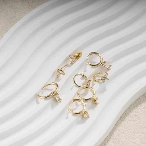 Gold Plated Earrings for Women, 14k Gold Plated Earring Stack Hypoallergenic Pearl Drop Earring Dainty Earrings for Women Trendy Cute Small Huggie Hoop Earring Fashion Womens Jewelry - color: SET6
