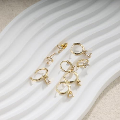 Gold Plated Earrings for Women, 14k Gold Plated Earring Stack Hypoallergenic Pearl Drop Earring Dainty Earrings for Women Trendy Cute Small Huggie Hoop Earring Fashion Womens Jewelry - color: SET6