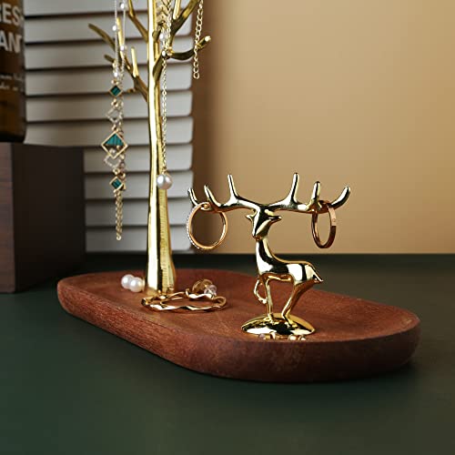 MORE&LESS Branch Jewelry Rack with deer, for Ring Earrings Necklace Bracelet,Suitable for living rooms, bathrooms,offices,etc. - color: C Tree&Deer Wood Tray