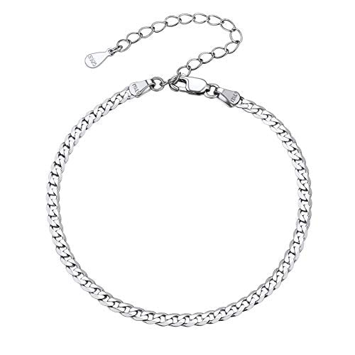 PROSILVER 925 Sterling Silver Ankle Bracelets For Women, Stylish Chain Anklets, Summer Beach Jewelry, 8.6-10.6 Inch Adjustable, Come with Box - style: 02 Cuban Anklet-3mm