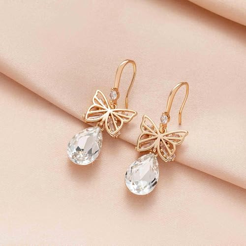 Austrian Crystal Teardrop Butterfly Drop Dangle Earrings for Women 14K Rose Gold Plated Hypoallergenic Jewelry - color: Clear White
