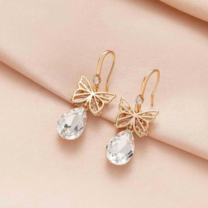 Austrian Crystal Teardrop Butterfly Drop Dangle Earrings for Women 14K Rose Gold Plated Hypoallergenic Jewelry - color: Clear White